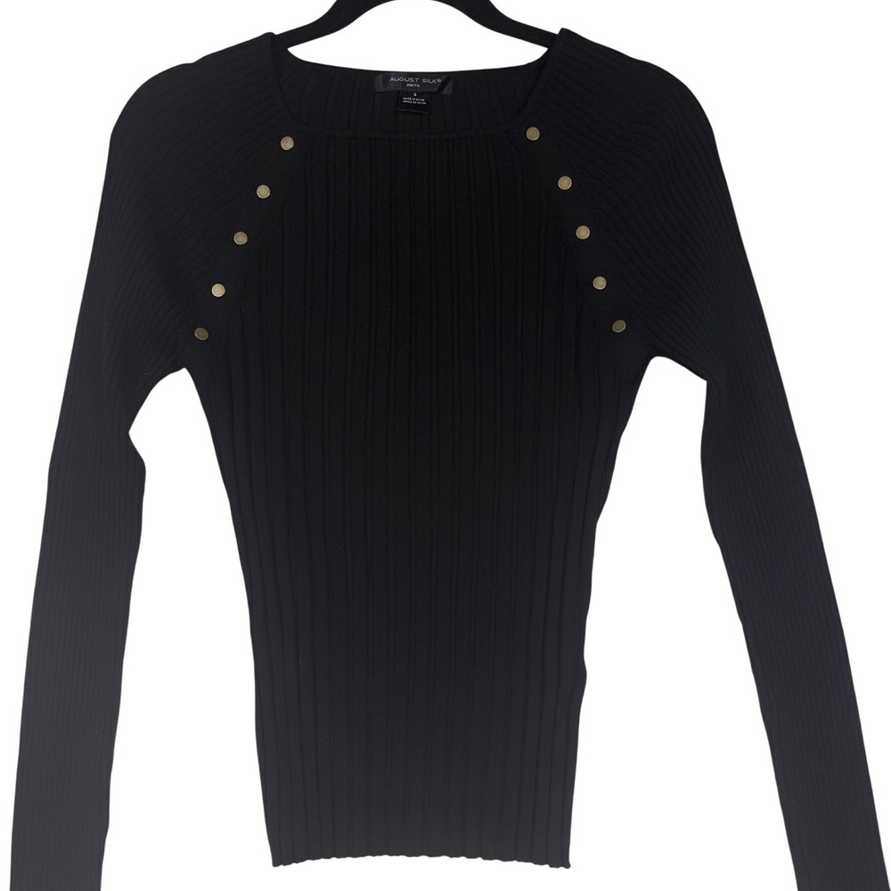 August Silk Knits Black Ribbed Square Neck Sweater Gold Button Shoulder Small